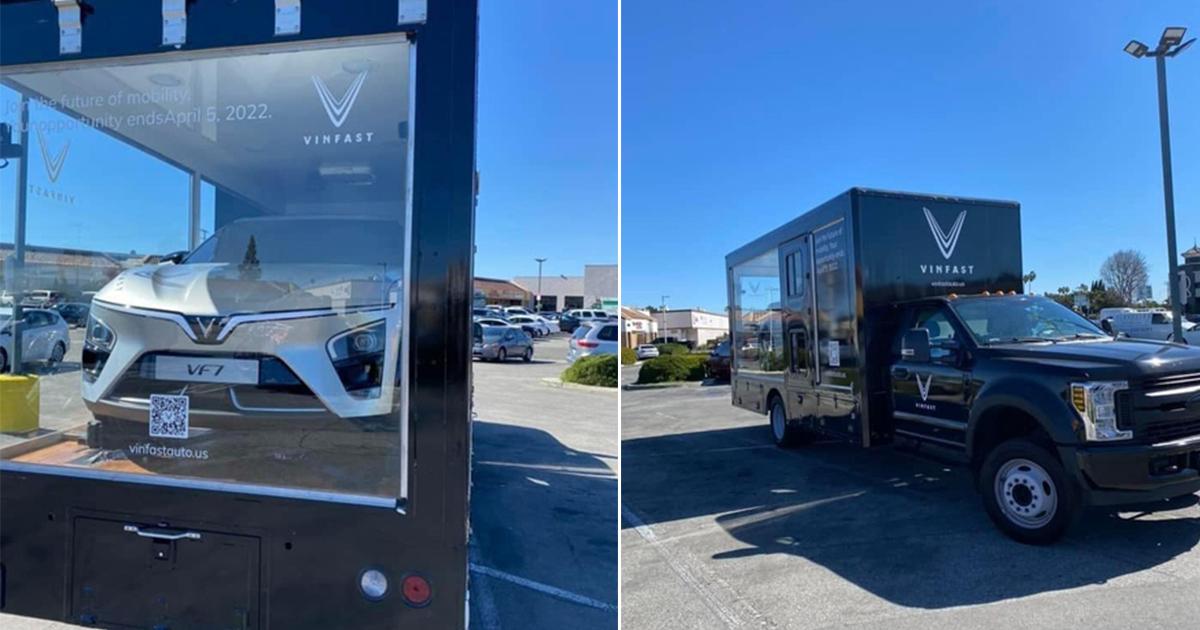 Bắt gặp xe điện VinFast được chở đi vòng quanh nước Mỹ để quảng bá thương hiệu