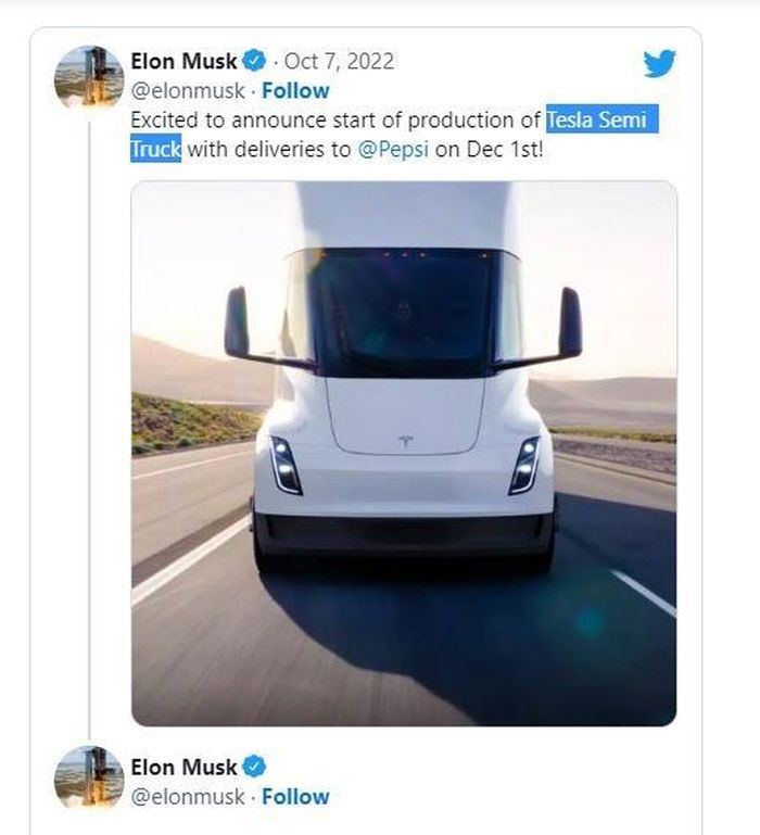 Elon Musk tuyên bố sẽ bàn giao xe Semi Truck cho Pepsi vào 1/12/2022. Ảnh The Verge