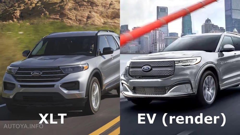 So sánh bản dựng thiết kế Ford Explorer thuần điện với Explorer XLT